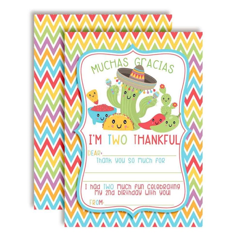 Amanda Creation Taco TWOS-Day Adorable 2nd Birthday Fiesta Thank You Notes for Kids, Ten 4" x 5.5" Fill In The Blank Cards with 10 White Envelopes by AmandaCreation - Image 1